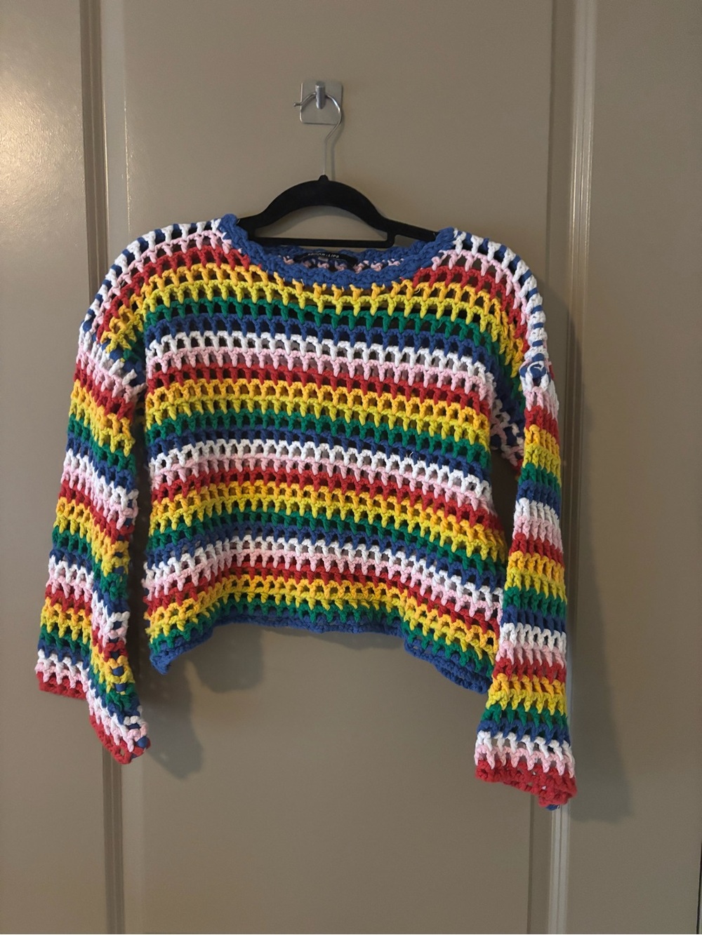 Sugarlips Multicolor Crochet Stripe Sweater with Blue Trim